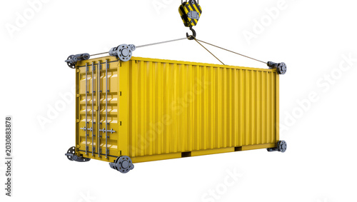 Yellow shipping container lifted by crane hook and cables