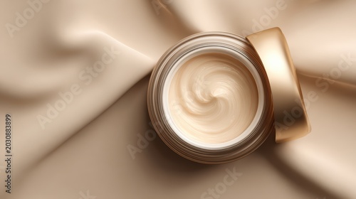 open skincare cream jar top view, soft beige minimal surface and matching background palette, luxury beauty product photography