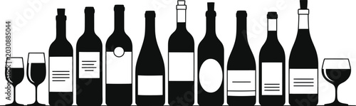 Bild auf Leinwand Wine bottle and glass icon set containing black silhouette symbols of alcohol be