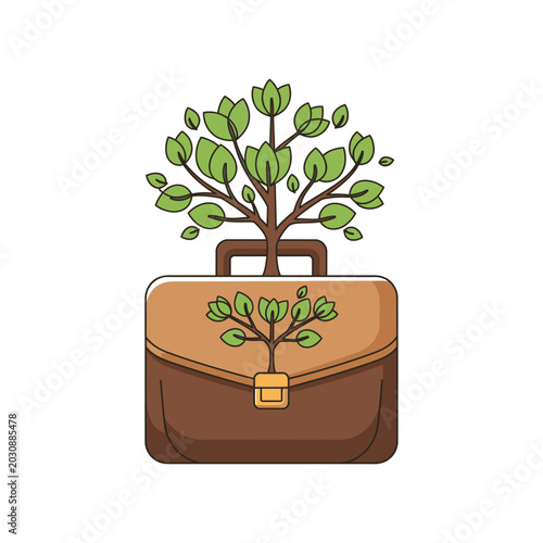 Green tree growing from a business briefcase, a vector illustration symbolizing sustainable corporate development, ecological investment, and environmental friendly business practices