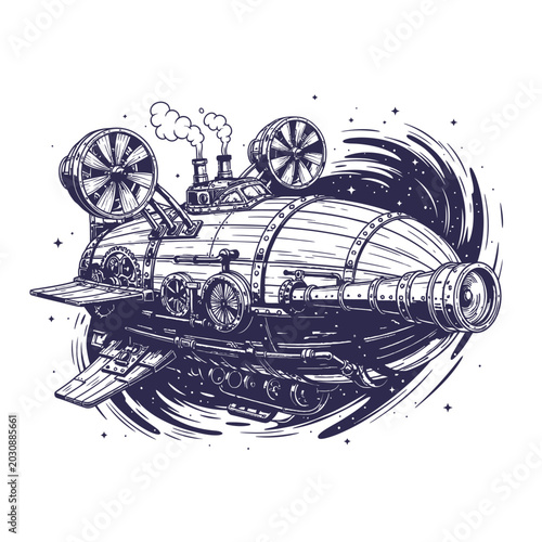 Steampunk airship design with propellers and exhaust, vintage vehicle illustration