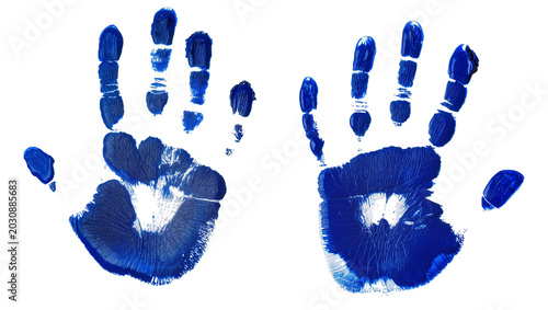 Bild auf Leinwand Blue handprints with fingerprints and thumbprints