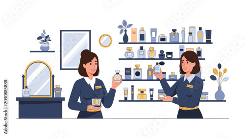 Φωτογραφία Beauty Advisor Consultation: Two attentive beauty advisors engage with a customer, showcasing luxury perfume bottles on a well-stocked display shelf, offering personalized beauty recommendations