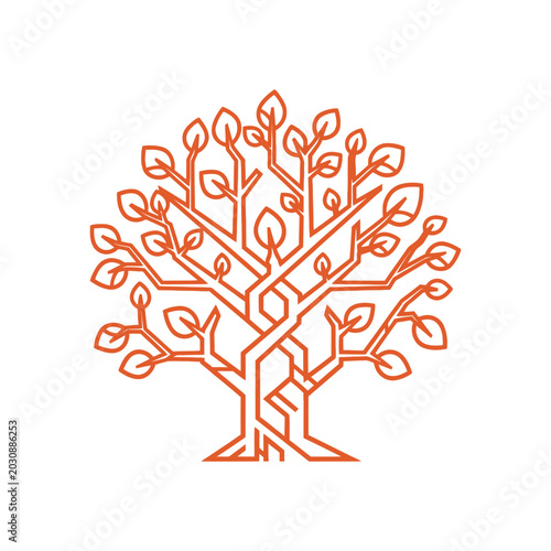 A vibrant orange vector illustration of a tree with multiple branches and leaves.