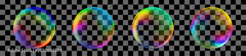 Set of isolated vector soap bubbles with rainbow reflections on checkerboard background. Collection of transparent iridescent spheres created with mesh gradient. Customizable balls for creative design