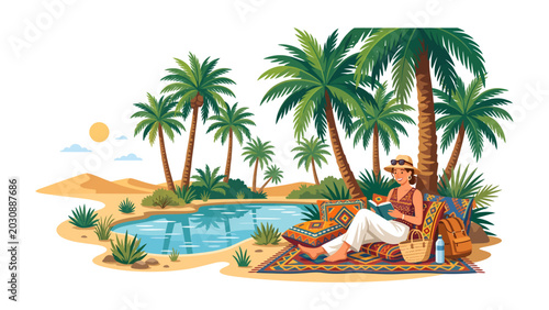 Tableau sur toile Desert Oasis Bliss: A woman finds serenity reading a book by a tranquil desert oasis, surrounded by lush palm trees and golden sand dunes under a clear blue sky