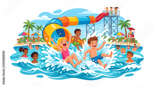 Fotografi Water Slide Fun: A vibrant illustration depicts children and adults joyfully splashing down a colorful water slide at a lively water park, surrounded by palm trees and sunbathers