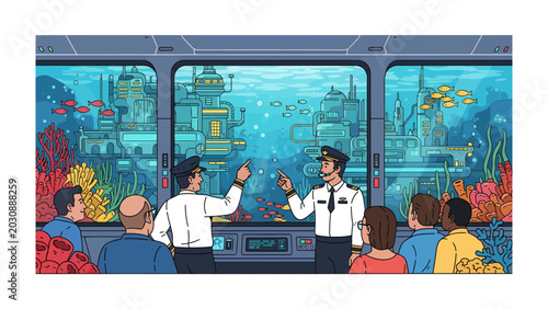 Underwater City Exploration: A tour guide points out the wonders of an underwater city to a group of curious visitors inside a futuristic submersible.