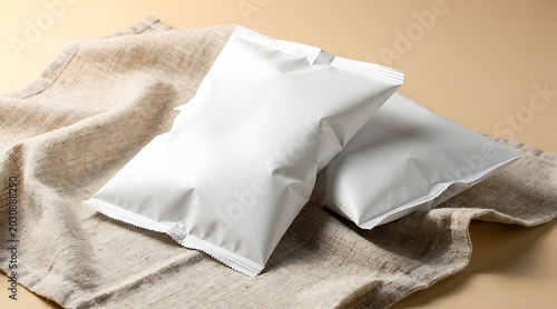 Two white rectangular packages resting on a beige linen cloth, studio shot.