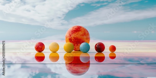 Colorful spheres representing planets on reflective surface against blue sky. Vacation on alien world concept. Surreal space travel and cosmos exploration for futuristic holiday banner.