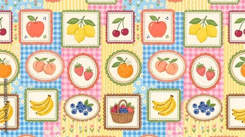 A beautiful cottagecore patchwork seamless pattern showcasing vintage-framed fruit illustrations and harvest baskets over cozy gingham, plaid, and floral backgrounds.