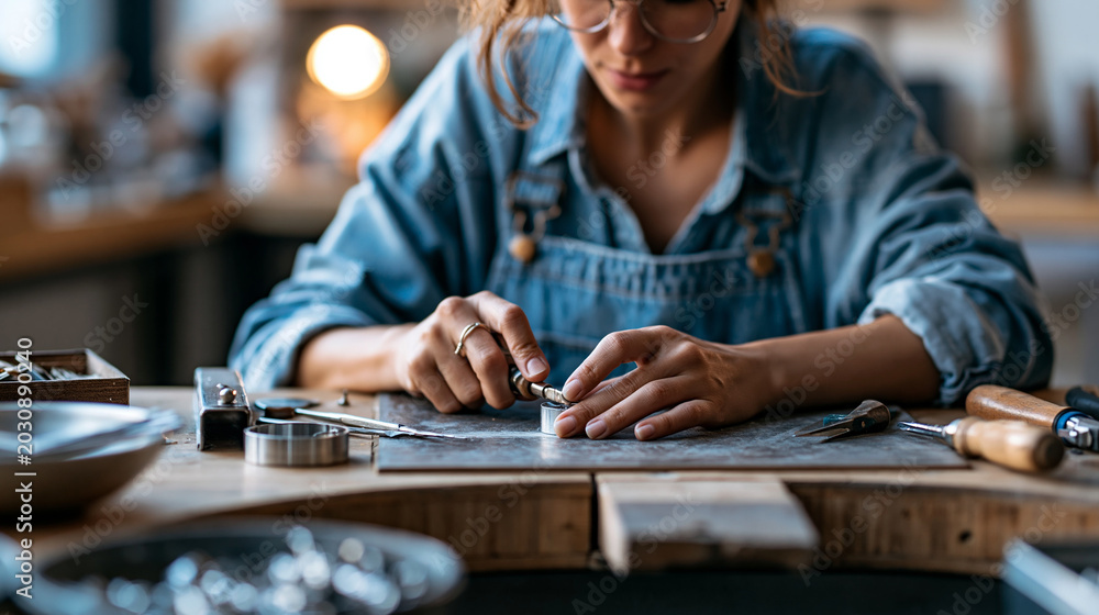 Fototapeta premium Close-up of a craftwoman's hands working on a detailed project at a workbench, artisan craft concept, craftwoman photography, handmade lifestyle, defocused background, with copy
