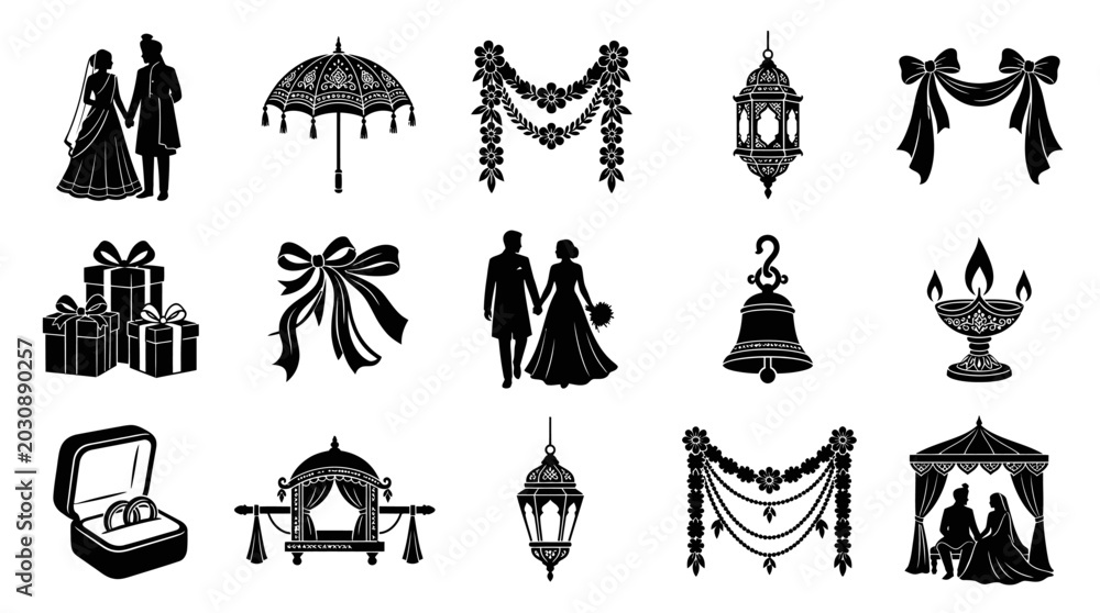 Naklejka premium Traditional Indian Wedding Glyphs - Black White Marriage Ceremony Icons Set