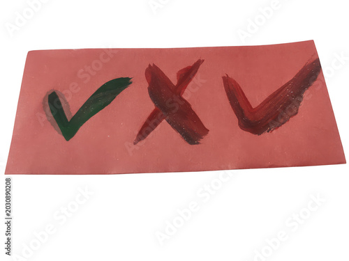 Red rectangular stamp with check and cross marks