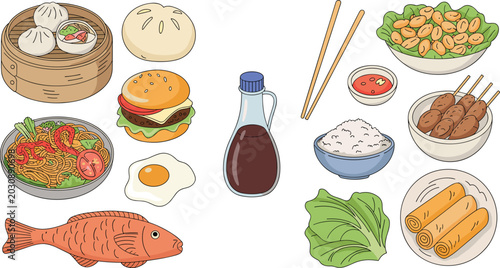 Εκτύπωση καμβά Asian Food and Fast Food Collection Featuring Dumplings, Noodles, Burger, Rice,