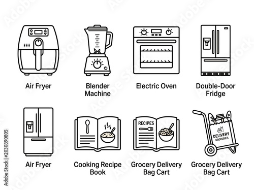 Black line icons of office and business documents