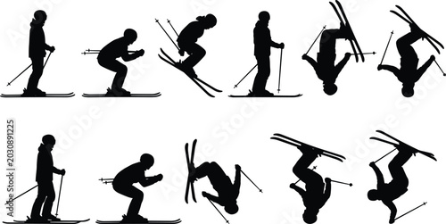 Foto Freestyle Skiing Silhouette Collection with Ski Jumping, Winter Sports Action an