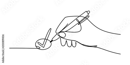Photos Continuous single line drawing of a human hand holding a pen and drawing a check