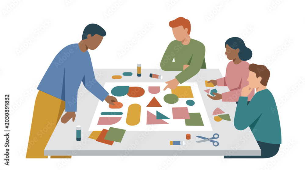 Fototapeta premium Diverse group collaborating on a futuristic remote workspace project in a flat vector illustration.