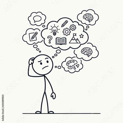 Fotografie Stick figure with confused thoughts and ideas.
