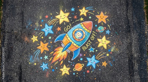 Vibrant Chalk Art of Rocket Launching into Starry Space.