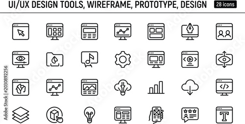 UI UX Design Tools Icon Set With Outline Wireframe Prototype Website And Creative Interface Symbols Design