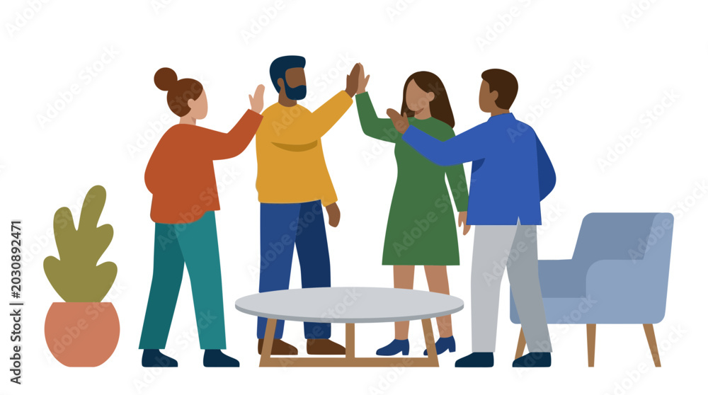 Obraz premium Diverse team giving high-fives in a vibrant futuristic remote workspace flat vector illustration.