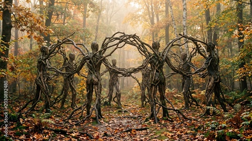 Mystical Forest Gathering of Ent-like Tree Beings in Autumn Woods.