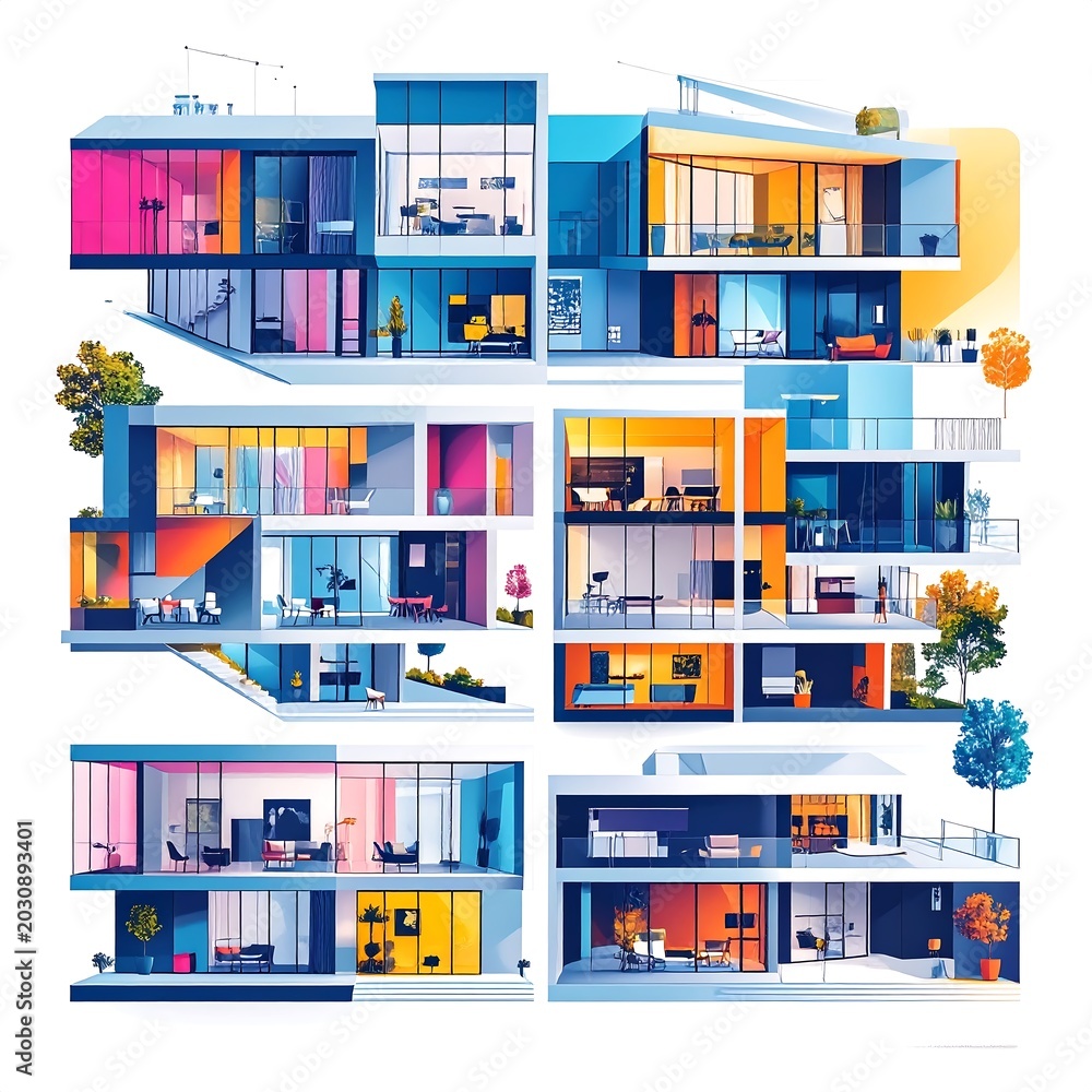 Fototapeta premium Colorful isometric city block with modern buildings.