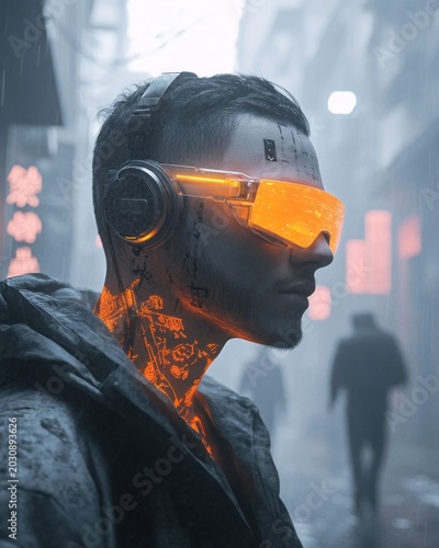Man wearing futuristic glasses in a city