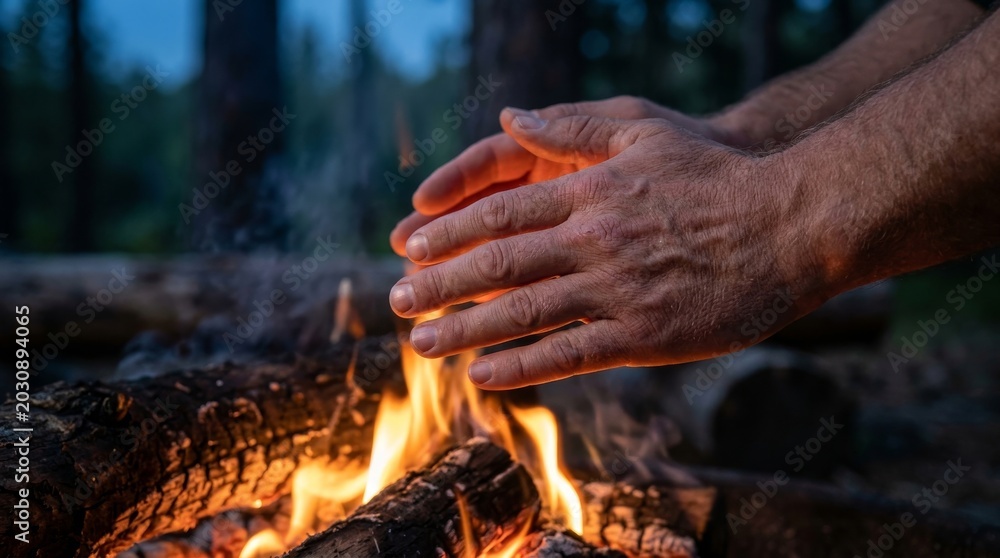 Fototapeta premium Hands Warming Up Around Glowing Campfire Outdoor Adventure Camping Night Scene