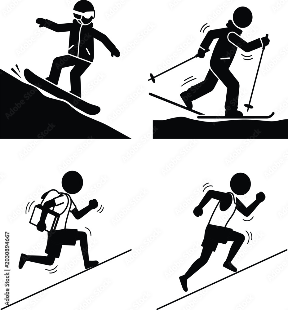 Fototapeta premium Winter Sports and Outdoor Activities Icon Set Featuring Snowboarding Skiing Hiking with Backpack and Running Uphill Stick Figure Vector Illustration