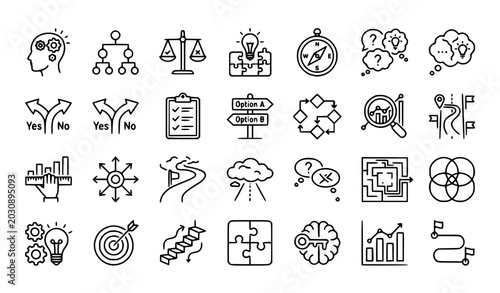 Fotografie Decision Line Icon Set Featuring Strategy Logic Analysis and Thinking Symbols