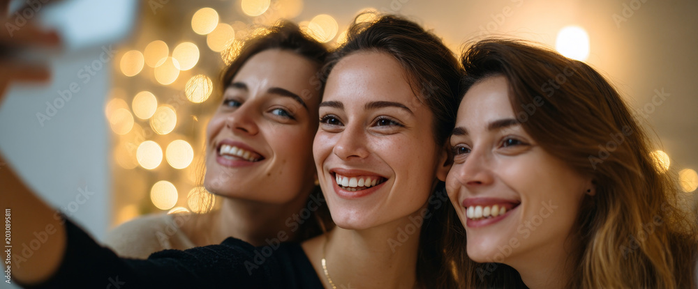 Obraz premium Three young women smiling and taking a selfie together indoors with warm bokeh lights in the background