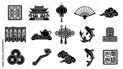 Chinese Traditional Icons Set: Pagoda, Lantern, Fan, Koi Fish, Clouds, Coins, Tea
