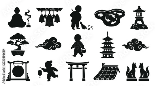Japanese Culture Zen Buddhism Black  White Glyphs - Asian Spiritual Symbols  Traditional Icons Vector Set