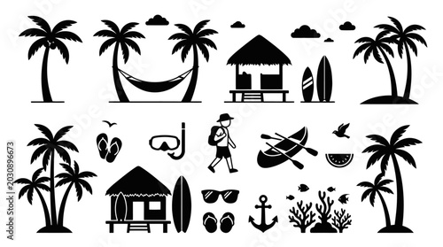 Tropical Vacation Icons: Palm Trees, Hammock, Hut, Surfboards, Kayak, Beach  Ocean Objects, Vector