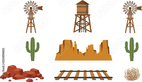 Φωτογραφία Wild West Desert Vector Elements Featuring Windmills, Water Tower, Cactus, Railr