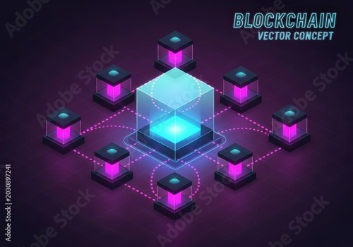 Blockchain Technology Concept Isometric Vector Illustration with Glowing Neon Cubes and Network Connections