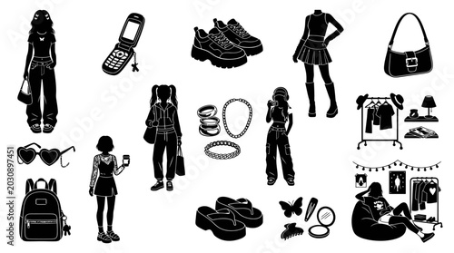 Emo Fashion Vector Set: Silhouettes of Girls, Clothes, Accessories, and Shoes