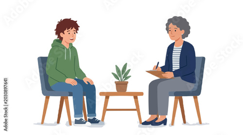 Teenager talking to therapist during a counseling session with a plant on a table PNG Isolated on transparent background