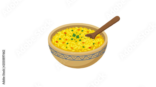 Bowl of yellow rice with vegetables and a wooden spoon PNG Isolated on transparent background