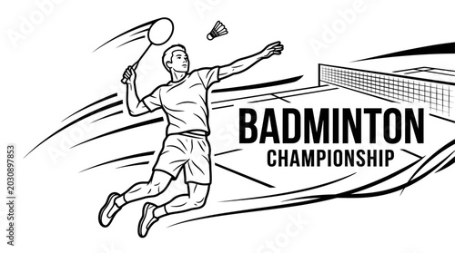 Line art illustration of badminton player during championship match