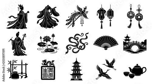 Chinese Traditional Culture Symbols Black and White Vector Icons Set