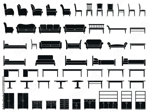 Bilde på lerret Black and white collection of various furniture CAD blocks, including sofas, cha