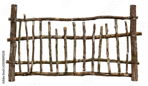 Foto Rustic handmade wooden fence isolated on white background, natural branch barrier crafted from rough tree sticks, countryside farm enclosure with organic texture and traditional rural style