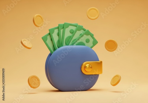 3D Illustration of a Blue Wallet with Green Banknotes and Floating Gold Coins on a Yellow Background for Financial Concepts