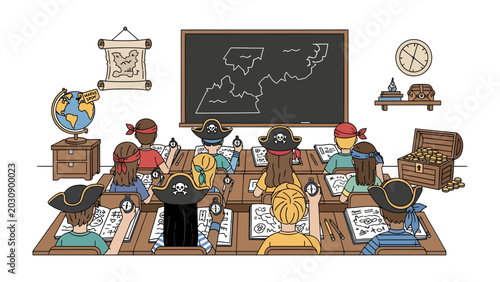Foto Pirate Classroom Adventure: Young students dressed as pirates engage in a themed lesson, with maps, a treasure chest, and a globe setting the scene for an imaginative educational journey