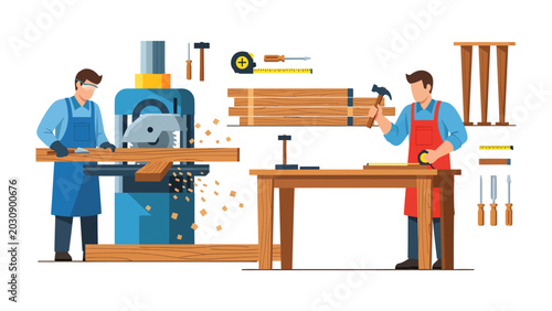 Foto Craftsmen at Work: Two skilled craftsmen are diligently working in a workshop, one operating a woodworking machine and the other hammering wood