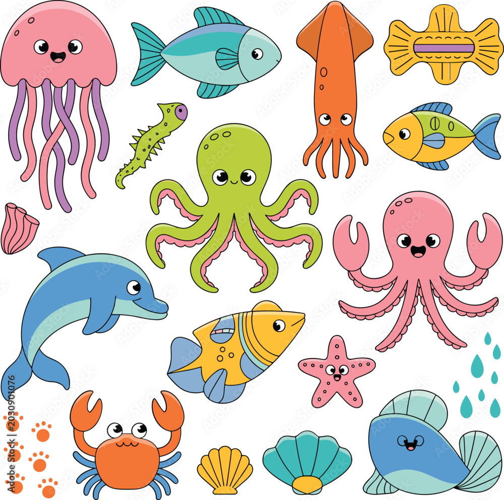 Obraz premium Cute underwater sea creatures collection, cartoon marine animals and ocean life vector illustration set design